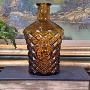Vintage Amber Glass Diamond Point Mini Decanter Bottle Taiwan MCM Barware 6.5"